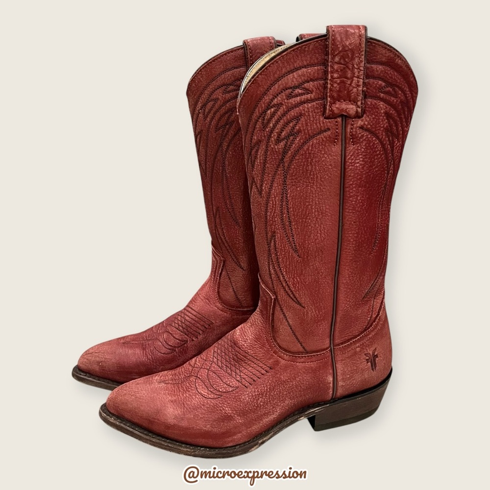$385 Frye Billy Vintage Red Brick Leather Embroidered Pull-On Cowgirl Tall Boot - Picture 9 of 15